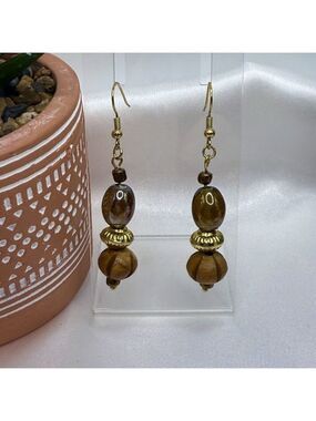 Tan Iridescent Glass Wooden Bead Earrings